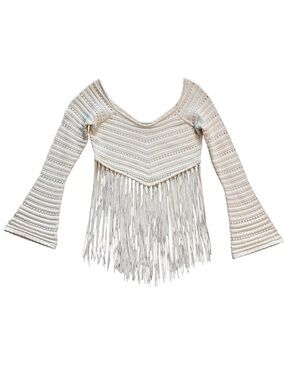 Ronny Kobo Cream Crochet Fringe Bell Sleeve Boho Festivel Crop Top Size Medium